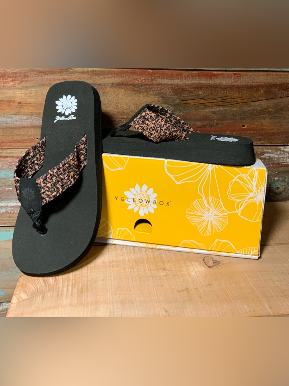 Yellow Box black Flip Flop Sandals with leopard straps